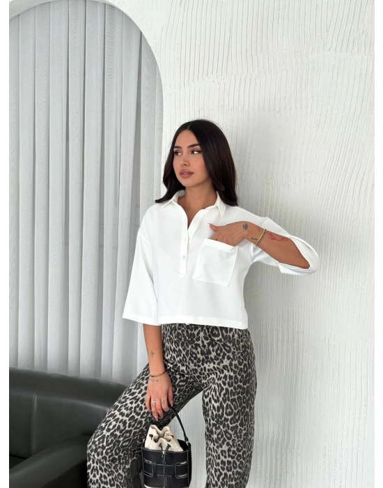 Z Krep   Crop Yakalı Gömlek İlik Düğmeli Üç Çeyrek Sleeve Kol - Beyaz -