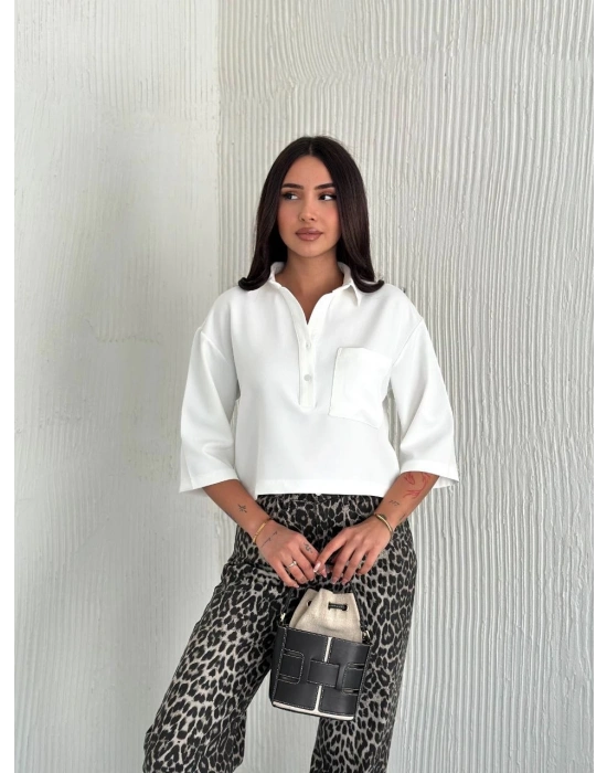 Z Krep   Crop Yakalı Gömlek İlik Düğmeli Üç Çeyrek Sleeve Kol - Beyaz -