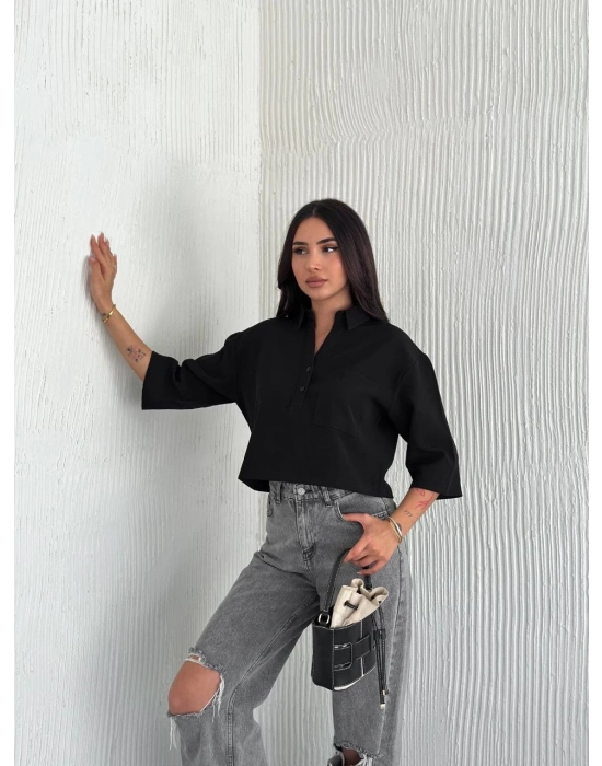 Z Krep   Crop Yakalı Gömlek İlik Düğmeli Üç Çeyrek Sleeve Kol - Siyah -