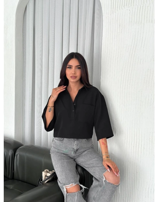 Z Krep   Crop Yakalı Gömlek İlik Düğmeli Üç Çeyrek Sleeve Kol - Siyah -
