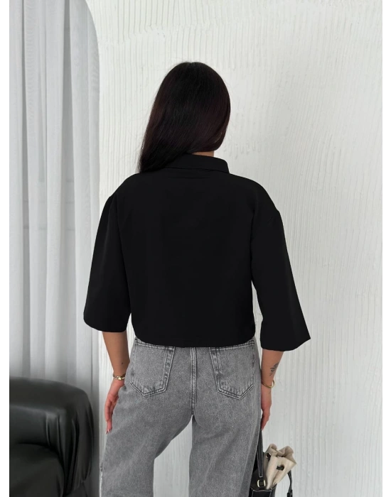 Z Krep   Crop Yakalı Gömlek İlik Düğmeli Üç Çeyrek Sleeve Kol - Siyah -