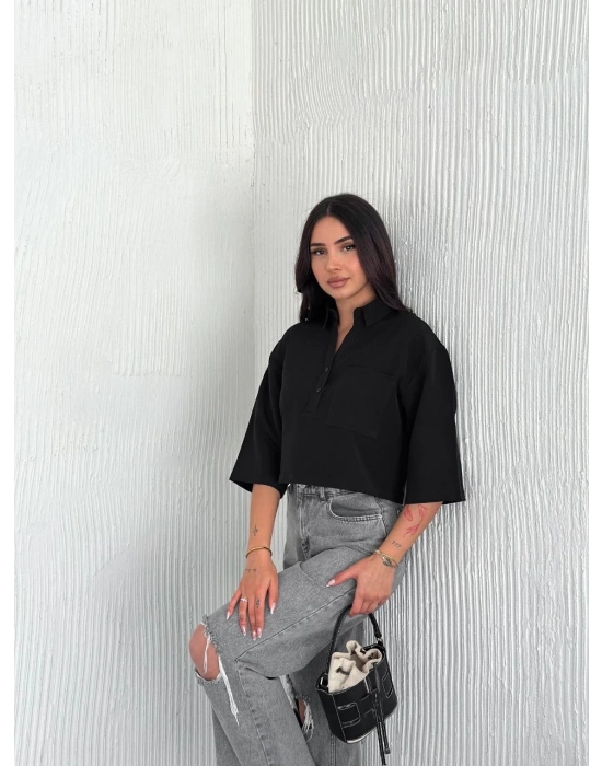 Z Krep   Crop Yakalı Gömlek İlik Düğmeli Üç Çeyrek Sleeve Kol - Siyah -