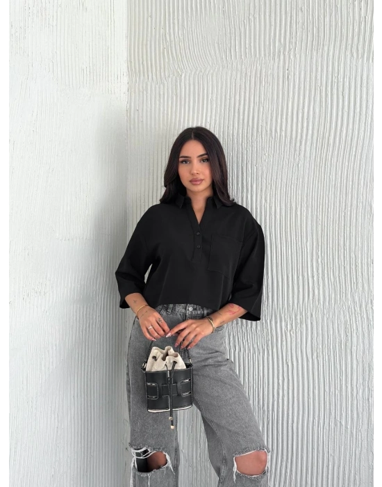 Z Krep   Crop Yakalı Gömlek İlik Düğmeli Üç Çeyrek Sleeve Kol - Siyah -