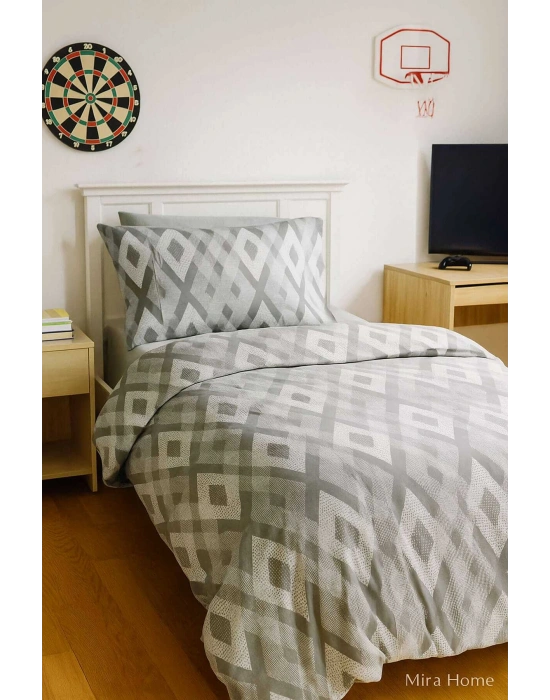 Zigzag Desenli Gri Pamuklu Tek Kişilik Nevresim Takımı