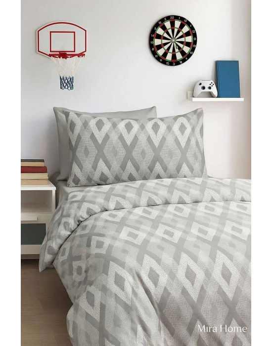 Zigzag Desenli Gri Pamuklu Tek Kişilik Nevresim Takımı