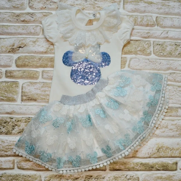 1-2-3 Yaş Payetli Mickey Nakışlı Kısa Kollu Brode Etekli 2li Kız Bebek Takımı Turkuaz