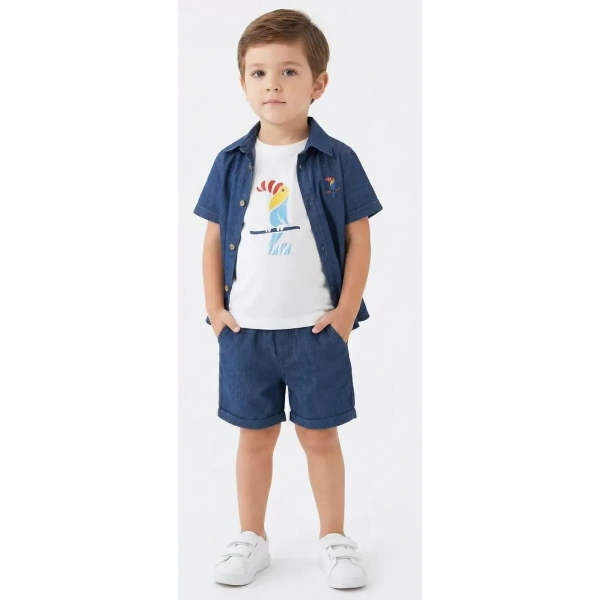 2/6 Yaş Denim Gömlek Şortlu 3lü Çocuk Takımı
