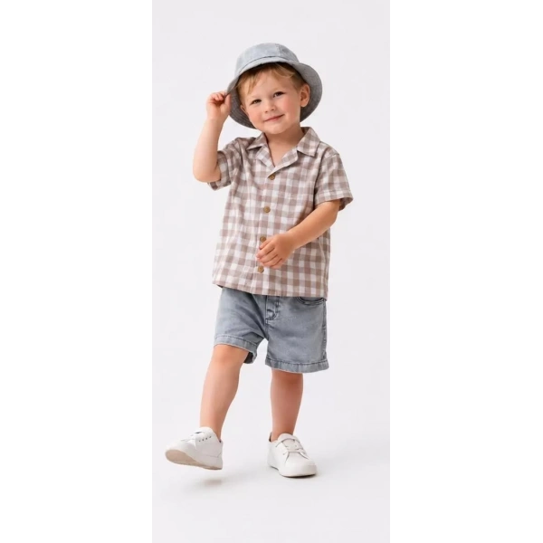2/6 Yaş Denim Şapkalı Şortlu 3lü Çocuk Takımı