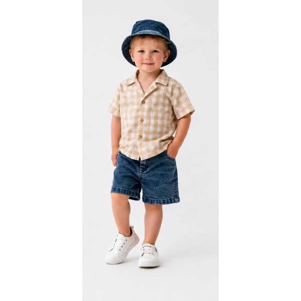2/6 Yaş Denim Şapkalı Şortlu 3lü Çocuk Takımı