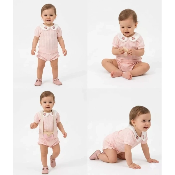 3/12 Ay Çiçekli Yaka Jakar Kumaş Şortlu Bebek Takımı