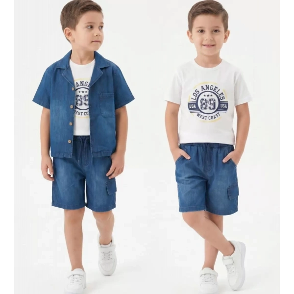 6/10 Yaş Denim Gömlek Şortlu 3lü Çocuk Takımı