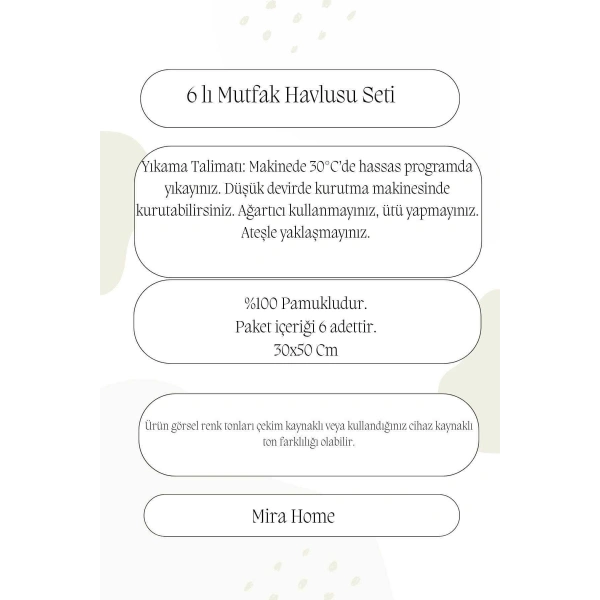 6 Parça Mutfak Havlusu Seti %100 Pamuklu Dalga