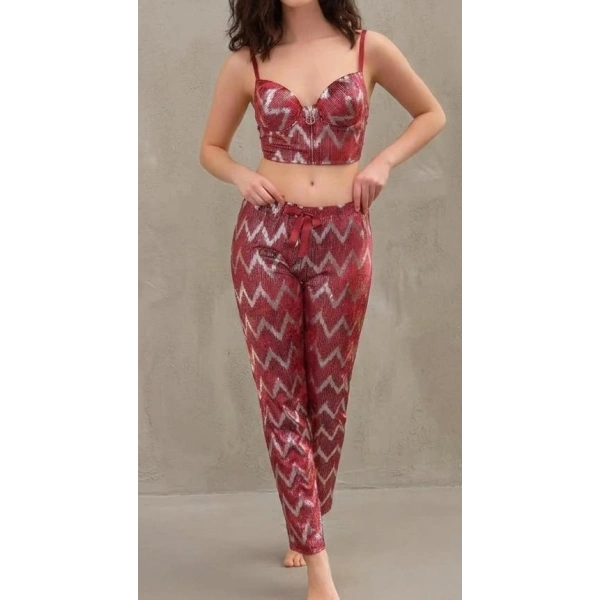 Bicomi Kadife Balenli & Destekli Pijama Takımı - Şık Ev Giyimi