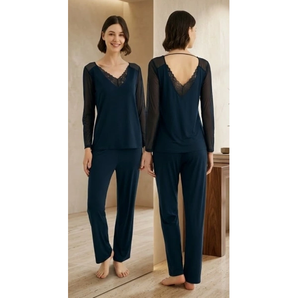 Bicomi Zarafet Serisi: Nefes Alan Viskon Dokulu, Sırt Dekolteli ve Fransız Dantel Detaylı Premium Pijama Takımı