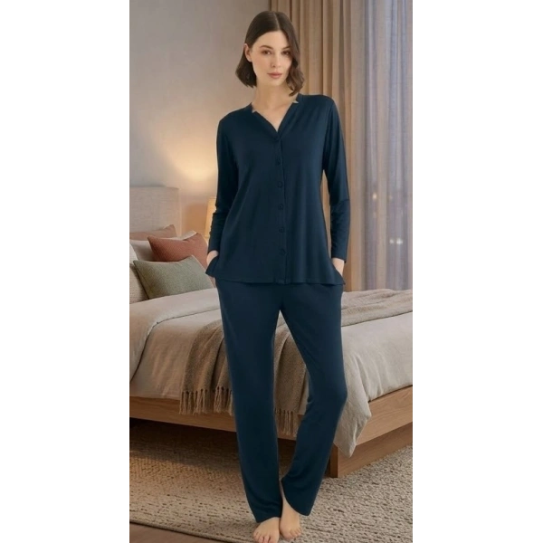 Bicomi Önden Düğmeli, Kolay Kullanım Gece Mavisi Şık Pijama Seti
