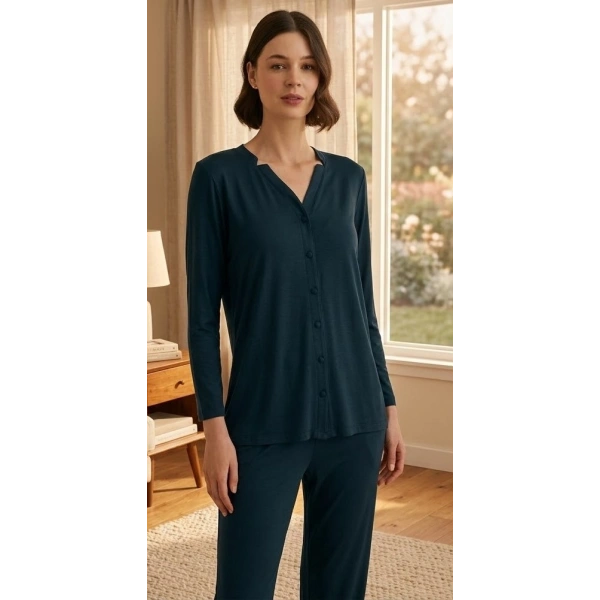 Bicomi Önden Düğmeli, Kolay Kullanım Gece Mavisi Şık Pijama Seti