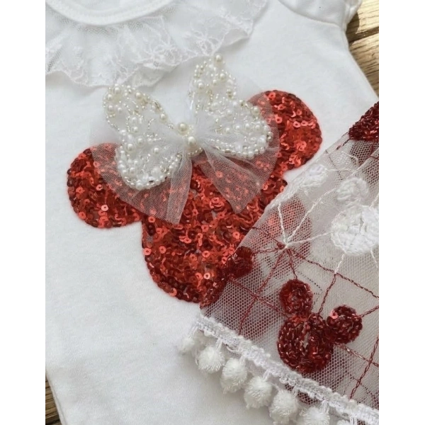 Mickey Payet Nakışlı Brode Etekli Kız Bebek Özel Gün Takımı - Kırmızı