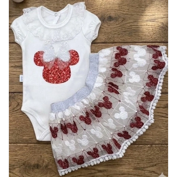 Mickey Payet Nakışlı Brode Etekli Kız Bebek Özel Gün Takımı - Kırmızı