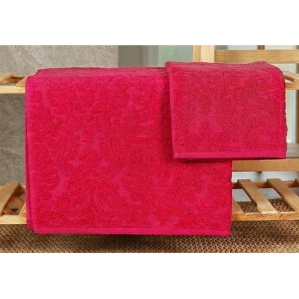 Biçomi Doku Desenli Jakarlı Banyo Havlu Takımı (Fuşya)