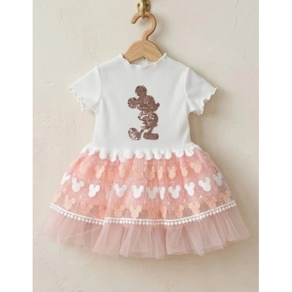 Antialerjik Pamuklu Dokulu, Payetli Mickey Desenli Bebek Şıklığı ve Konfor Elbisesi
