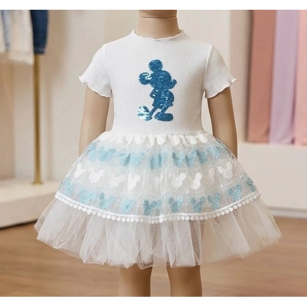 Kız Bebek Mickey Baskılı Brode Etekli Pamuklu Konfor Elbise - Turkuaz