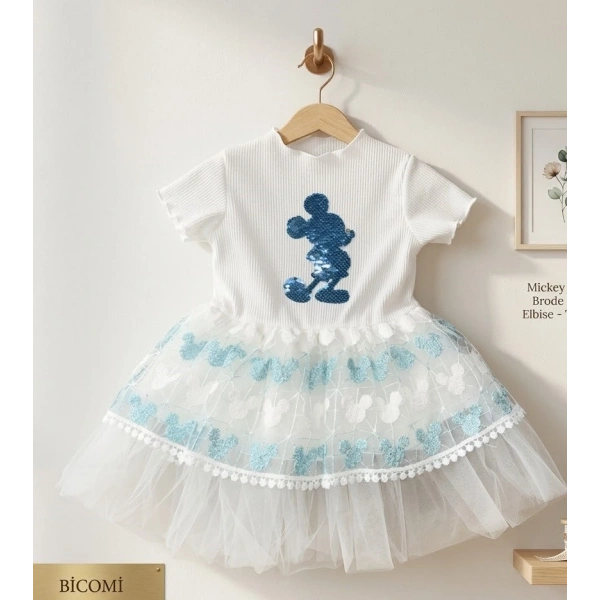 Kız Bebek Mickey Baskılı Brode Etekli Pamuklu Konfor Elbise - Turkuaz