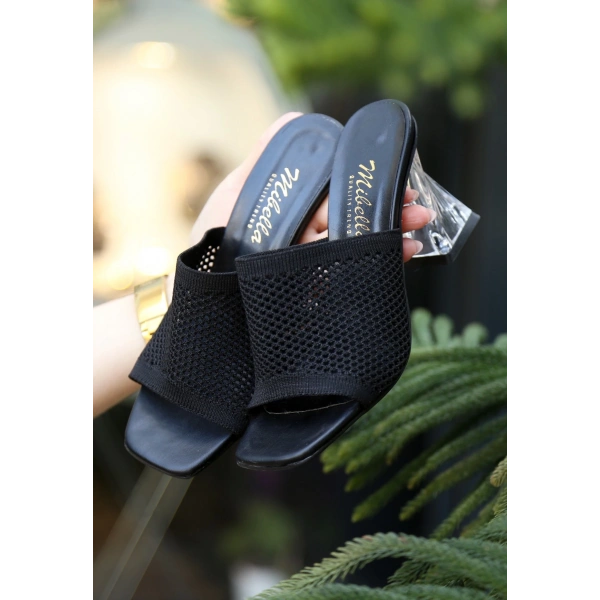 BİÇOMİ Akva Siyah Triko Şeffaf Topuklu Terlik