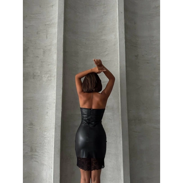 BİÇOMİ Altı dantelli straplez deri elbise siyah w240419