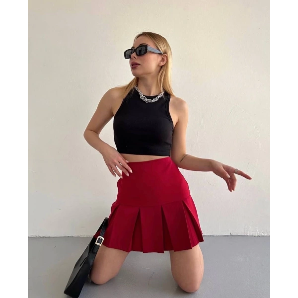 BİÇOMİ Altı geniş pileli etek bordo s24729