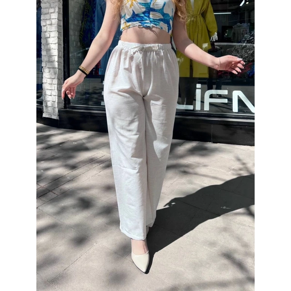 BİÇOMİ Bağcıklı keten pantolon krem