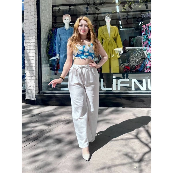 BİÇOMİ Bağcıklı keten pantolon krem