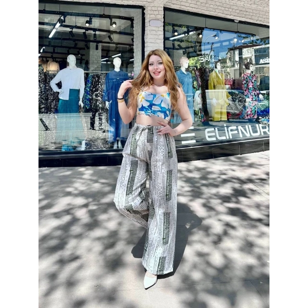 BİÇOMİ Baskılı Bağcıklı keten pantolon krem