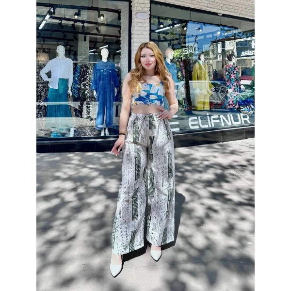 BİÇOMİ Baskılı Bağcıklı keten pantolon krem