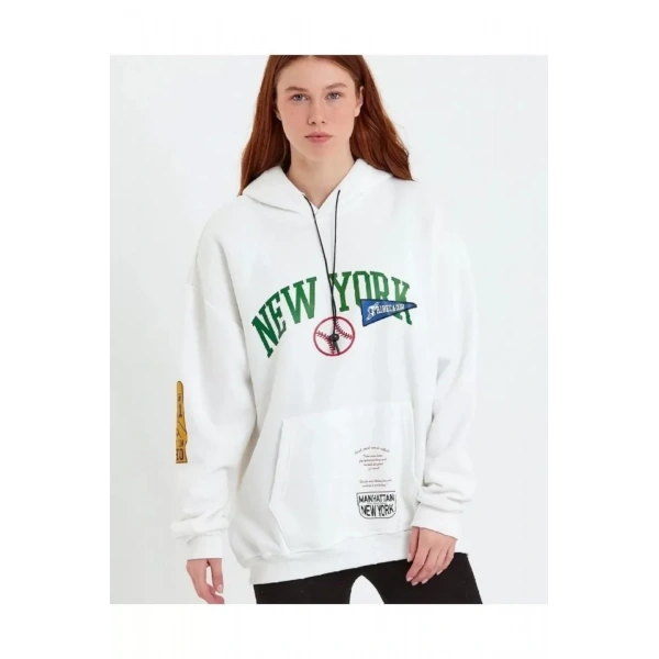 Biçomi Baskılı Kapüşonlu Sweatshirt - Beyaz