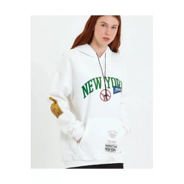 Biçomi Baskılı Kapüşonlu Sweatshirt - Beyaz