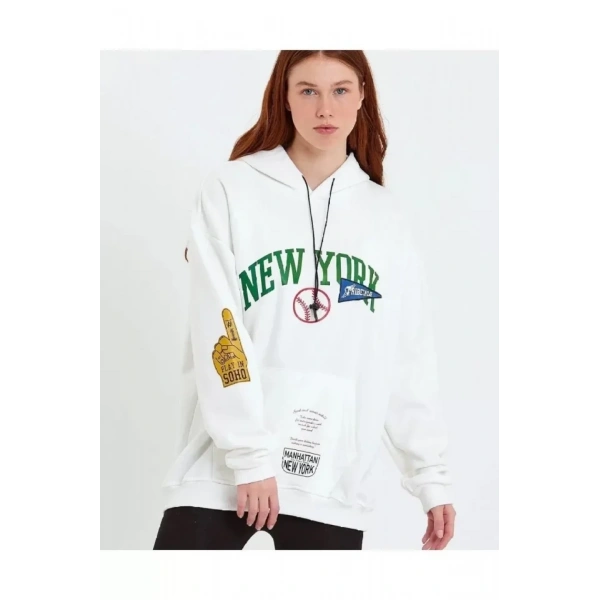 Biçomi Baskılı Kapüşonlu Sweatshirt - Beyaz