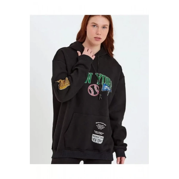 Biçomi Baskılı Kapüşonlu Sweatshirt - Siyah