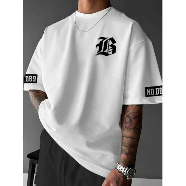 Biçomi Baskılı Oversize Bisiklet Yaka T-shirt - Beyaz