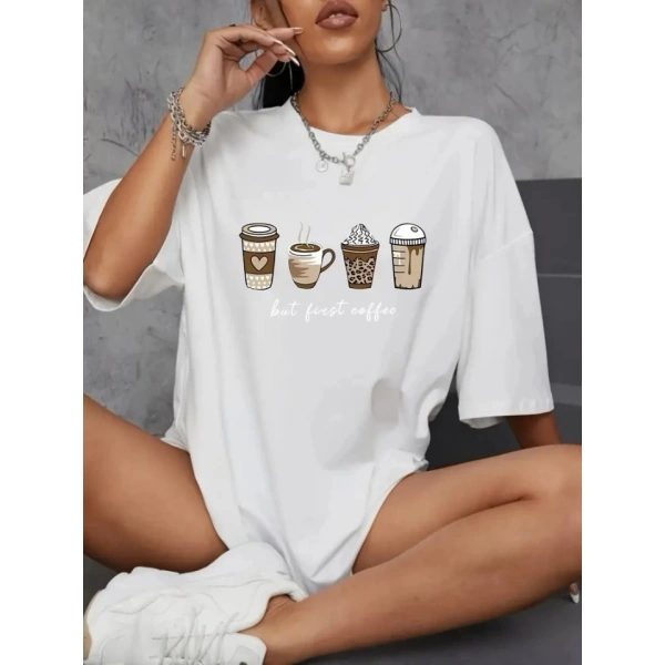 Biçomi Baskılı Oversize Bisiklet Yaka T-shirt - Beyaz
