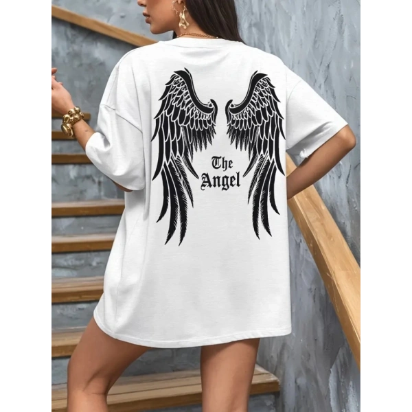 Biçomi Baskılı Oversize Bisiklet Yaka T-shirt - Beyaz