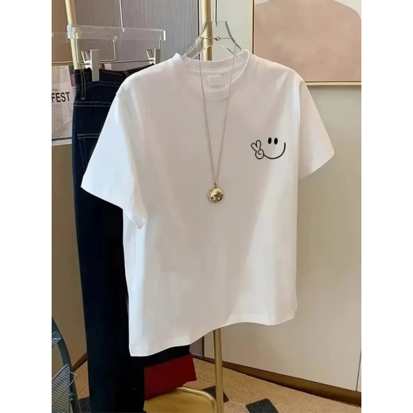 Biçomi Baskılı Oversize Bisiklet Yaka T-shirt - Beyaz