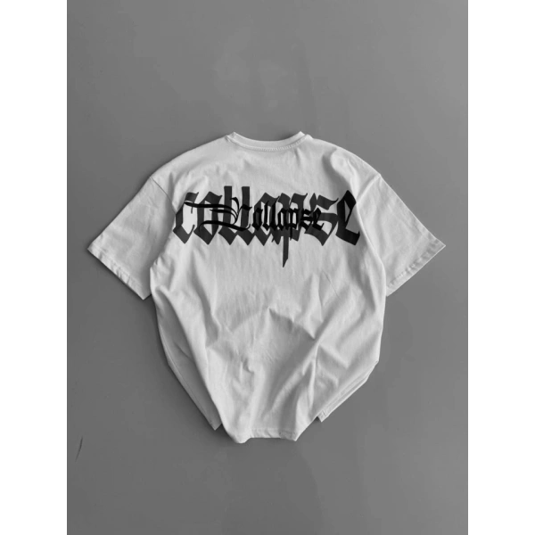 Biçomi Baskılı Oversize Bisiklet Yaka T-shirt - Beyaz