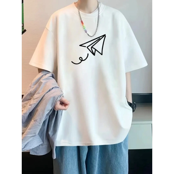 Biçomi Baskılı Oversize Bisiklet Yaka T-shirt - Beyaz