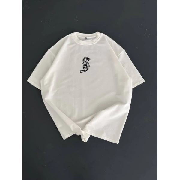 Biçomi Baskılı Oversize Bisiklet Yaka T-shirt - Beyaz