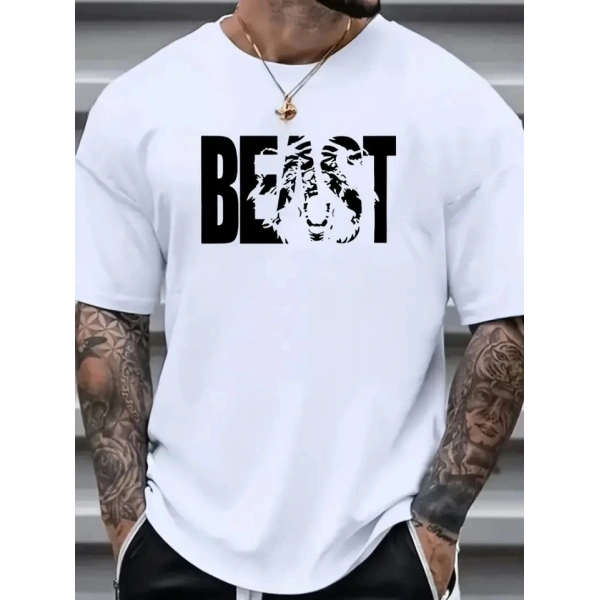 Biçomi Baskılı Oversize Bisiklet Yaka T-shirt - Beyaz
