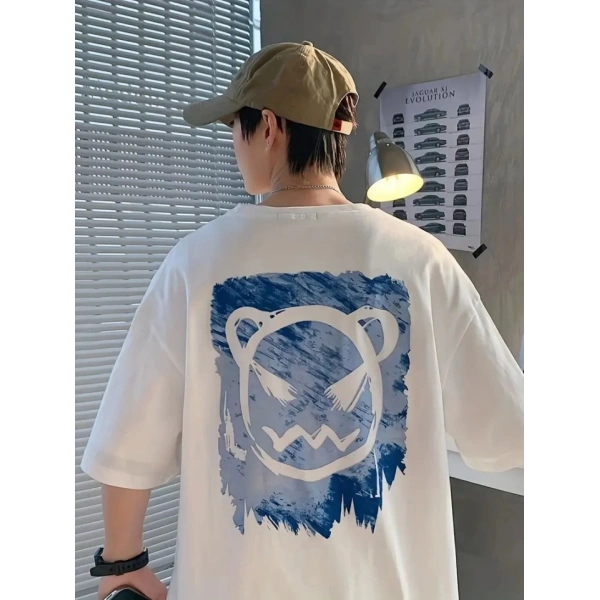 Biçomi Baskılı Oversize Bisiklet Yaka T-shirt - Beyaz