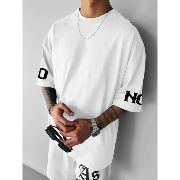 Biçomi Baskılı Oversize Bisiklet Yaka T-shirt - Beyaz