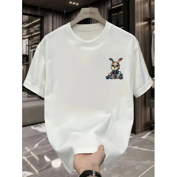 Biçomi Baskılı Oversize Bisiklet Yaka T-shirt - Beyaz