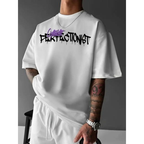Biçomi Baskılı Oversize Bisiklet Yaka T-shirt - Beyaz