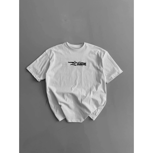 Biçomi Baskılı Oversize Bisiklet Yaka T-shirt - Beyaz